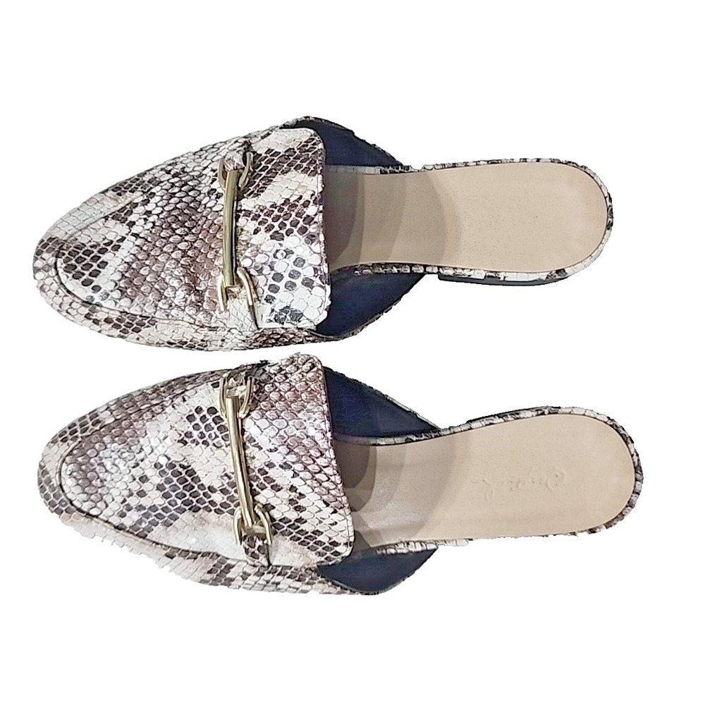 Qupid Women's Snake Skin Leather Pointy Toe Slip-on Slides Gold‎ Accent Size 6